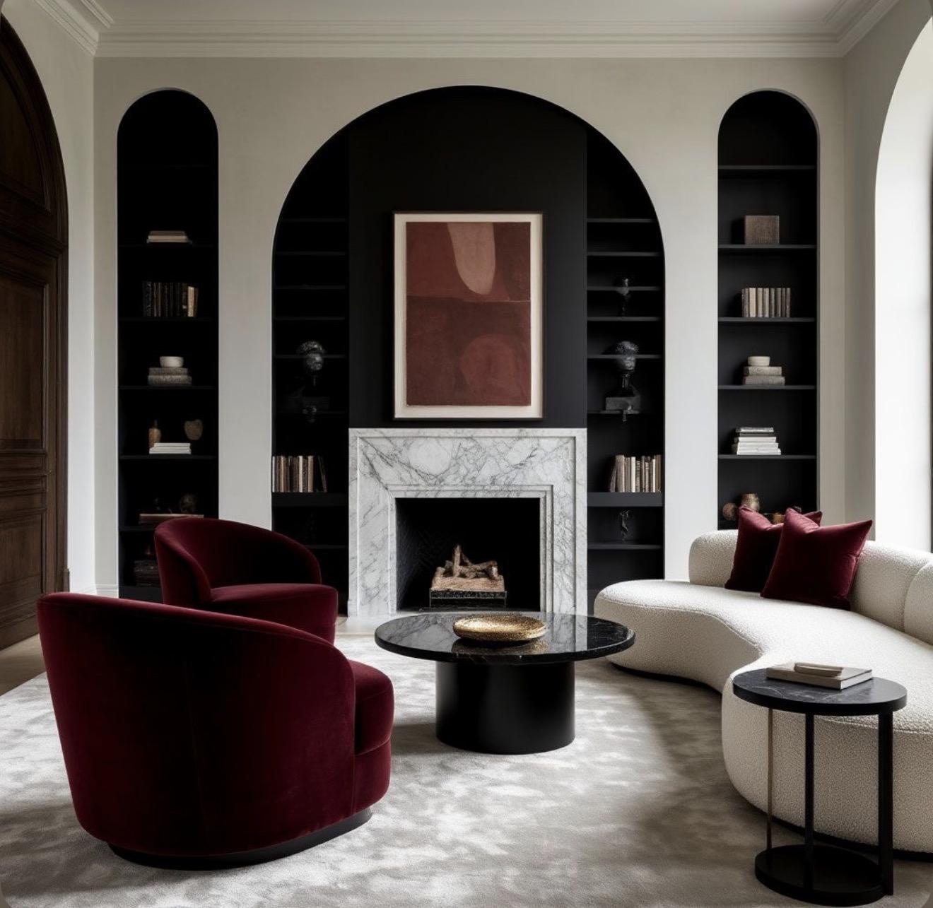 Black, cream and deep-red luxury living room with a marble fireplace