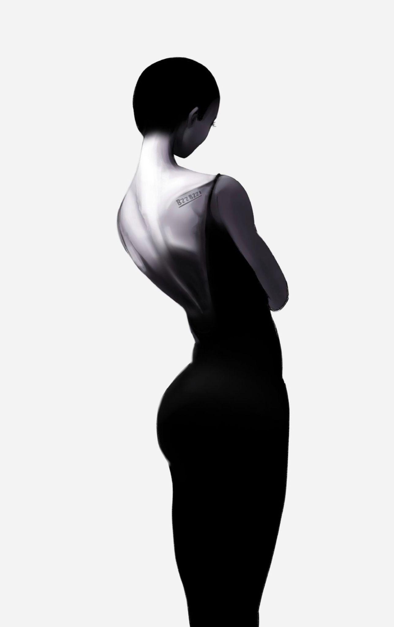 Elongated black and white silhouette of a woman in a black dress