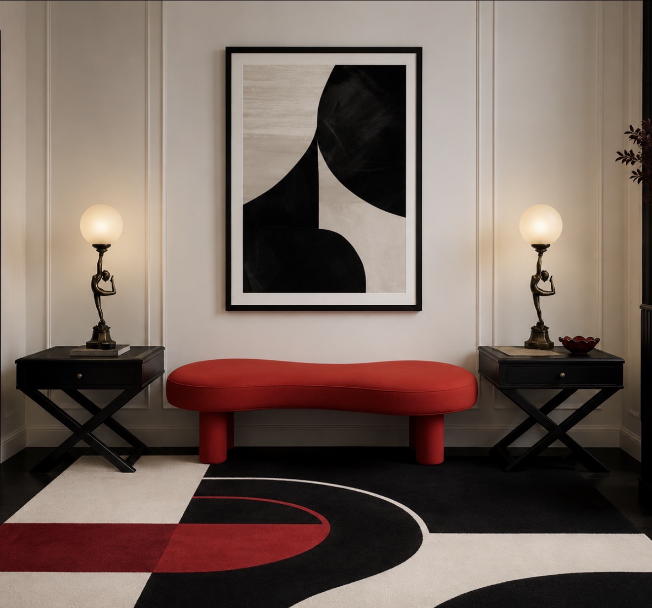 Red statement hallway bench , black white and red abstract carpet, black and white framed abstract art, simple black side tables, antique style table lamps.