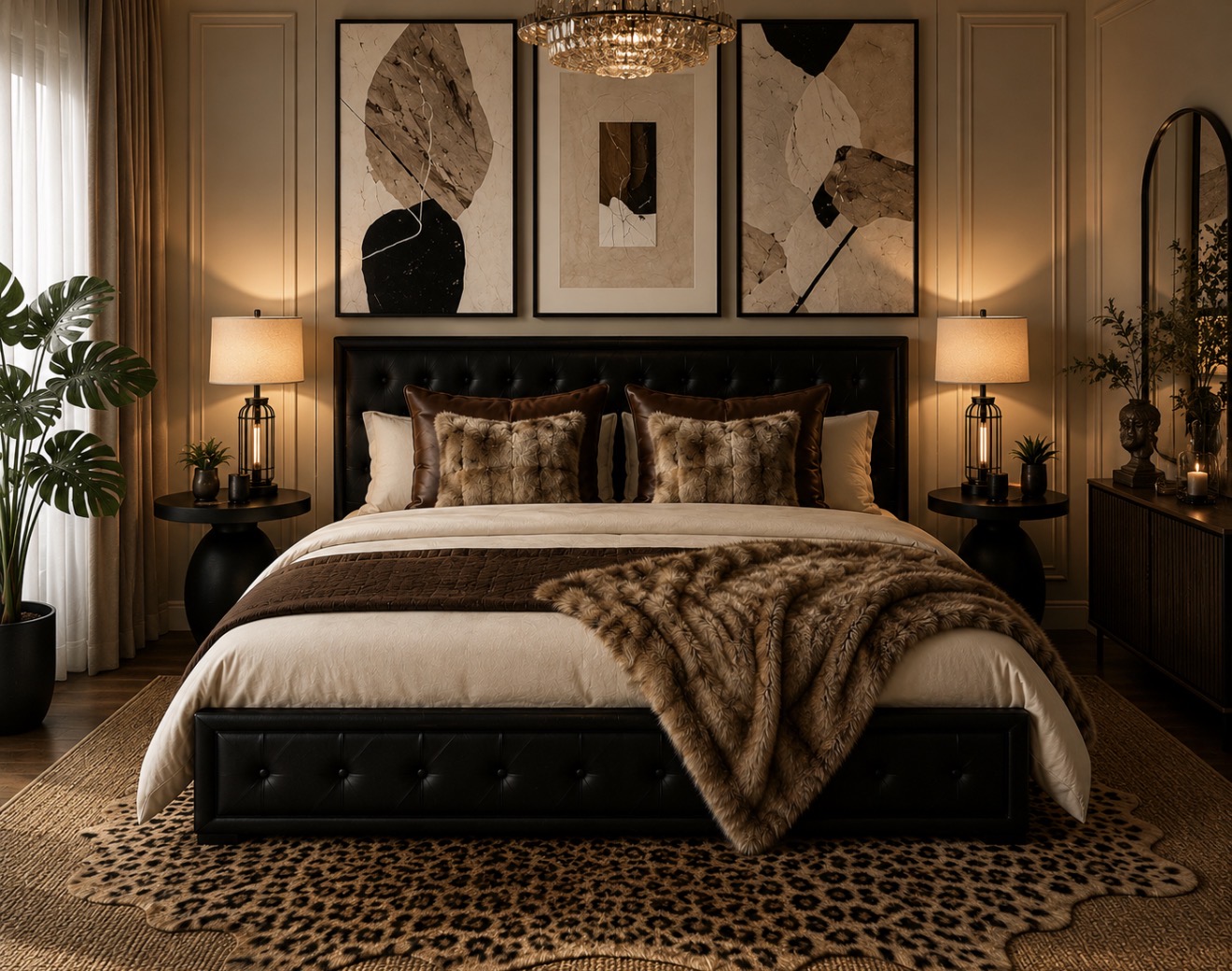 Jungle/ safari chic interior design , modern safari bedroom, leather bed frame, fluffy throw, leather pillow
