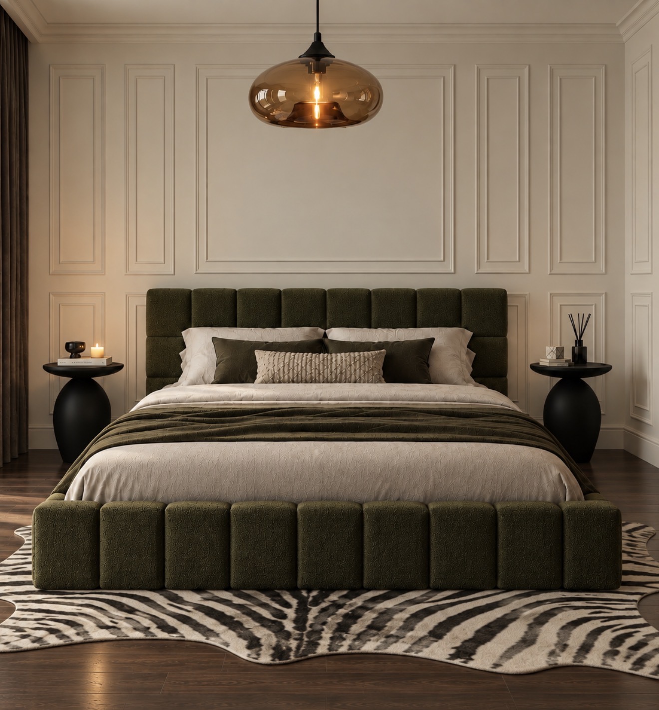 THE OLIVE NOIR EDIT — Olive green bouclé bed with sculptural black bedside tables, an amber glass pendant light, zebra print rug, classic wall