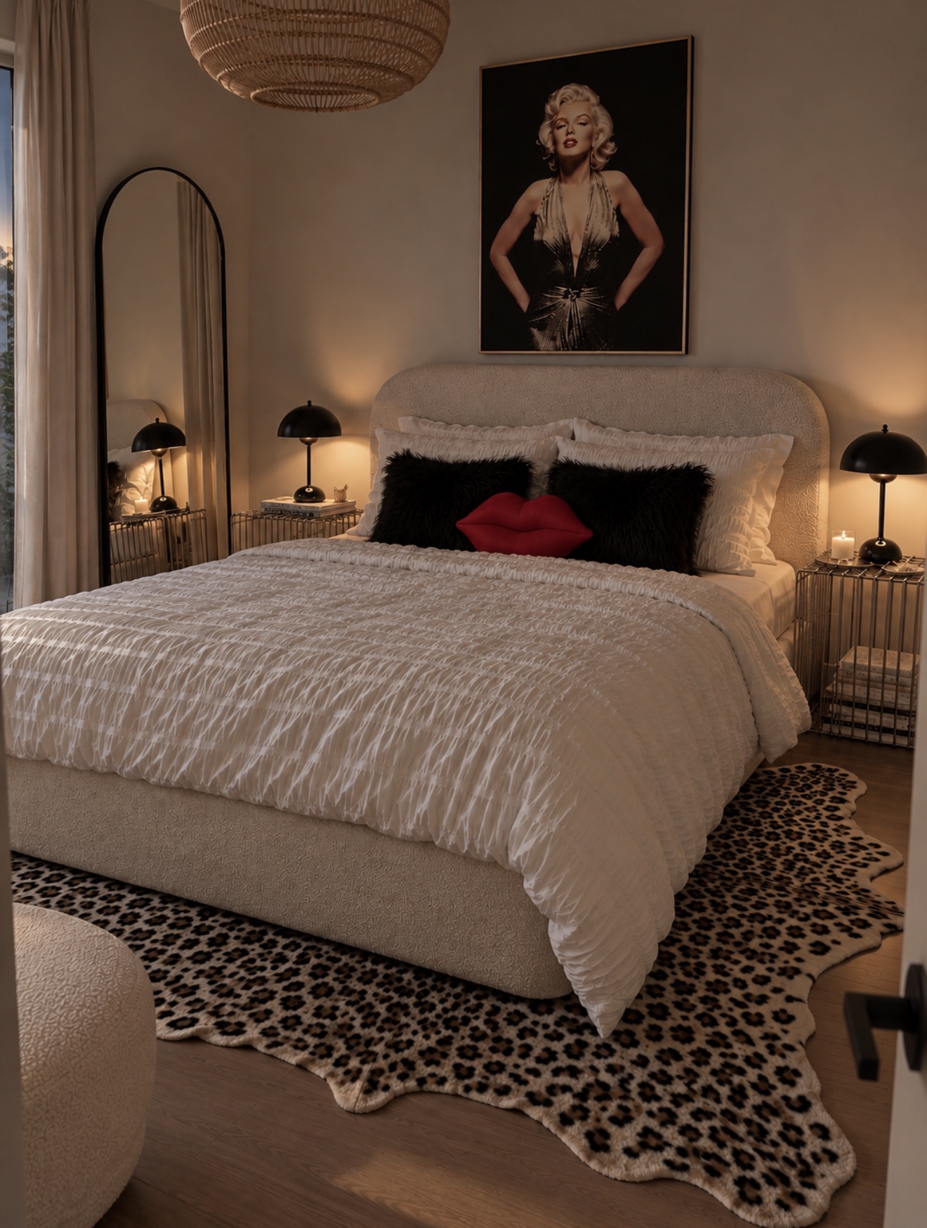 MIDNIGHT GLAM — Create a celebrity-inspired bedroom with a textured bed, leopard-print rug, and moody bedside lighting. Luxe styling, wi