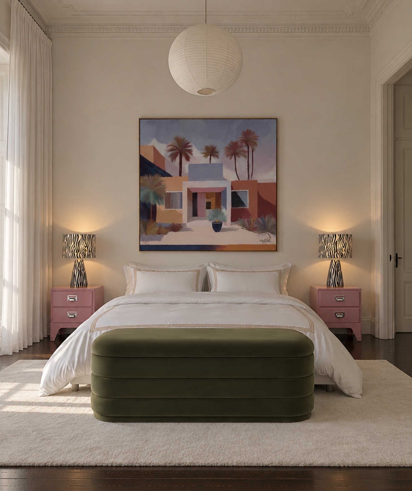 A LITTLE COLOUR, A LOT OF CHARACTER — A beautifully curated bedroom featuring crisp white hotel-style bed sheets, matching pink retro bedside tables, and stat