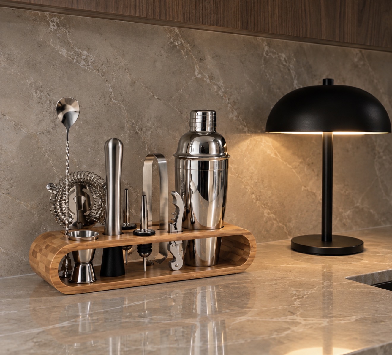 COCKTAILS & CHROME — A elevated bar vibes home with a sculptural wooden cocktail set and sleek dome lamp. Luxury-inspired styling, without th