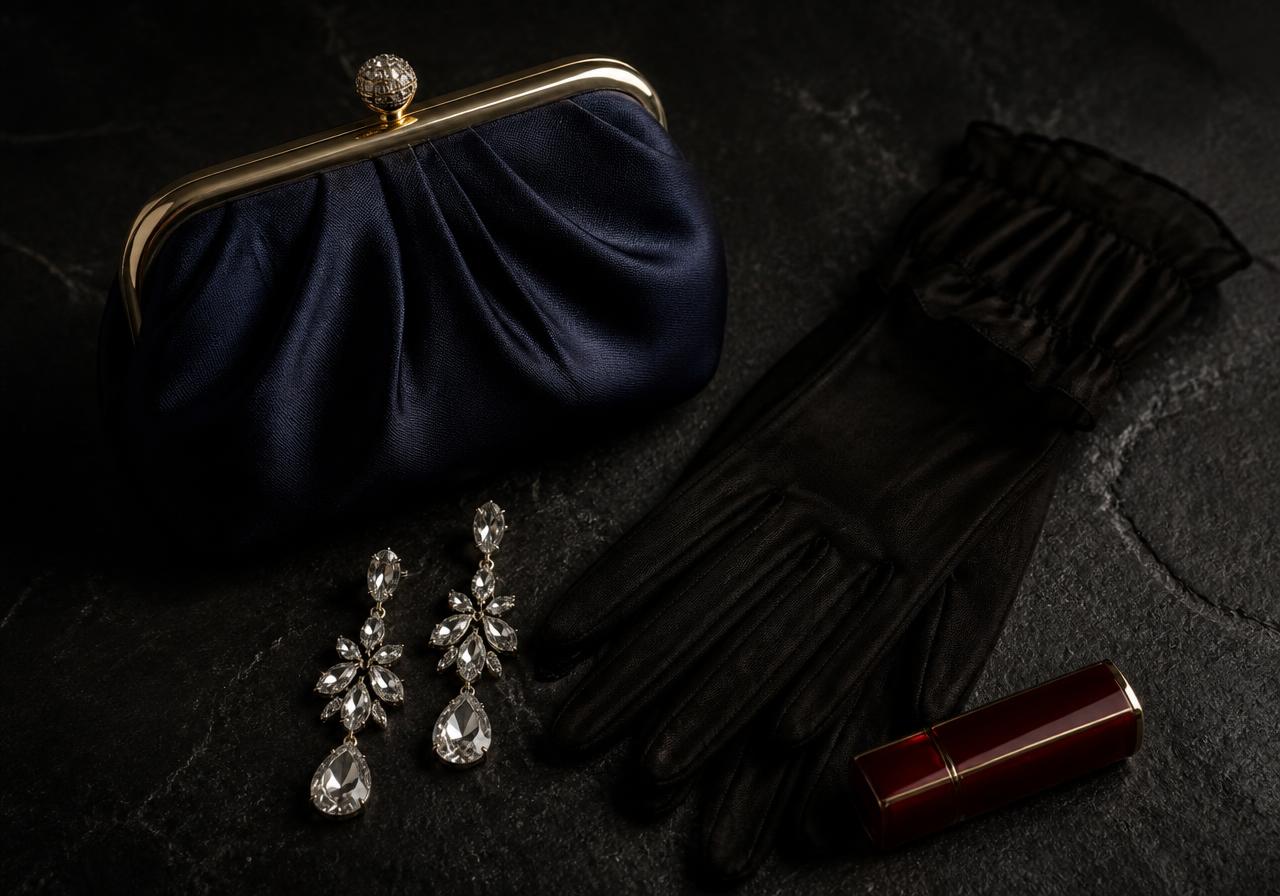Satin clutch, crystal drop earrings, sheer black gloves and a deep red lipstick case on black stone