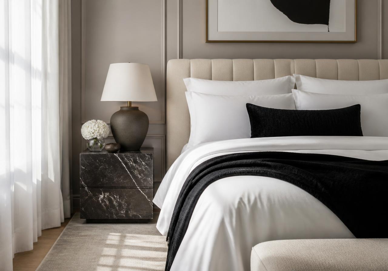 Hotel-style bedroom with white bedding, black throw, cream headboard and a ceramic lamp