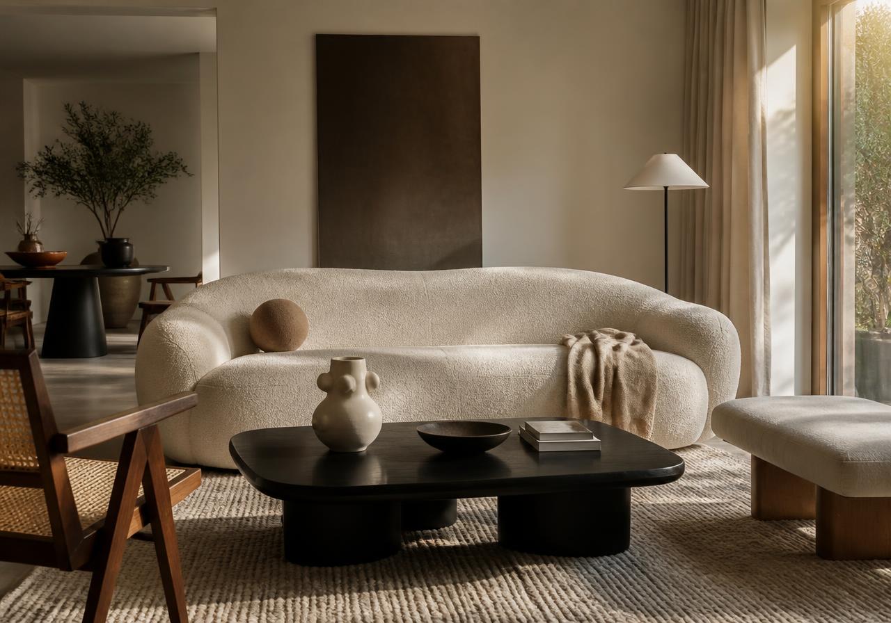 Cream boucle sofa, black coffee table and wool rug in a warm minimal living room