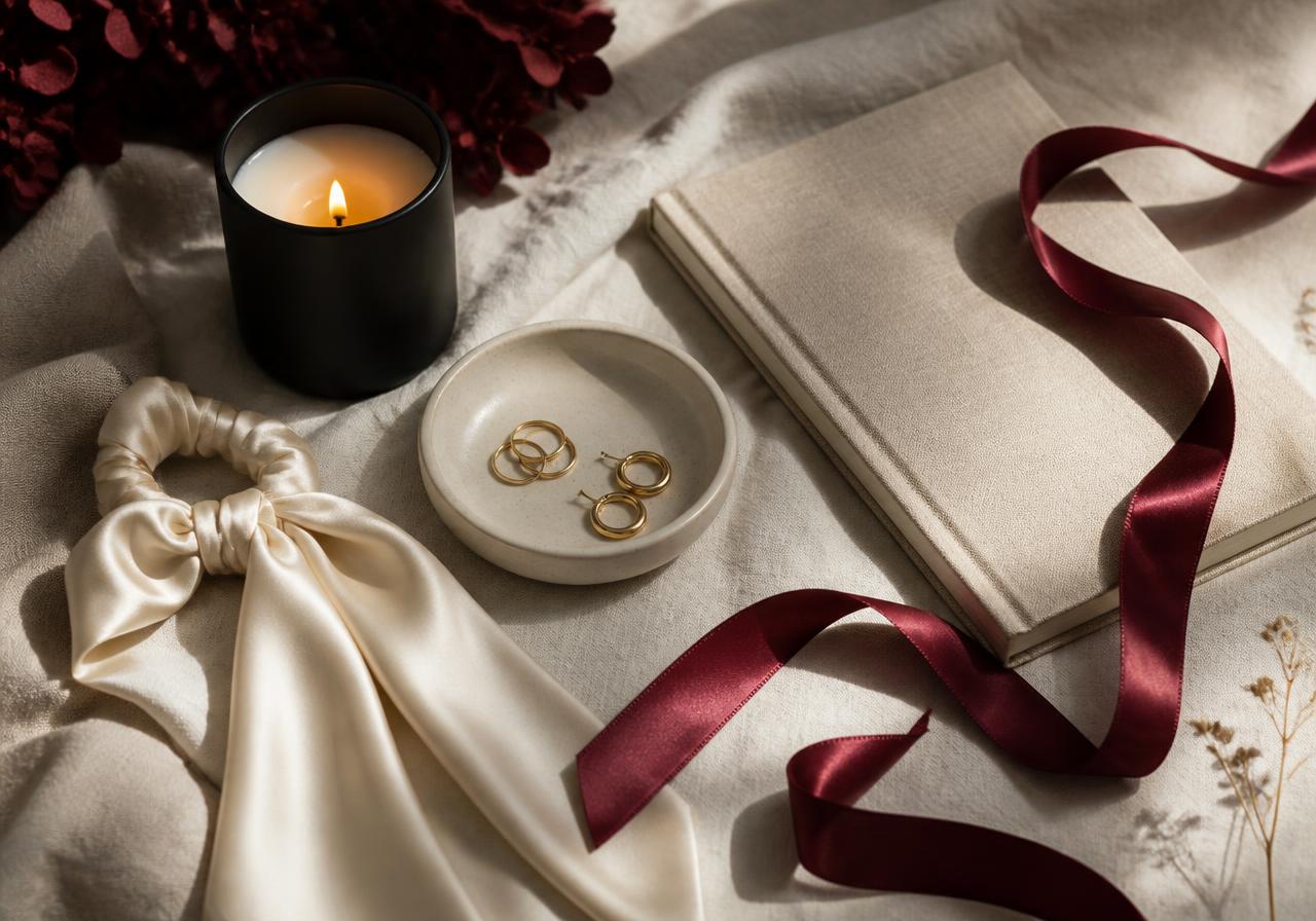 Candle, silk hair ribbon, jewellery dish, linen notebook and deep red ribbon on cream linen