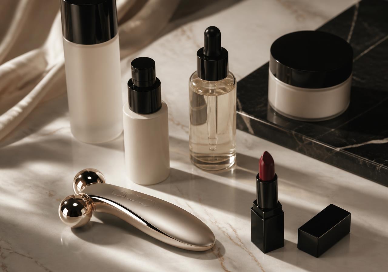 Minimal skincare bottles, a sculpting facial device and a deep red lipstick on cream marble