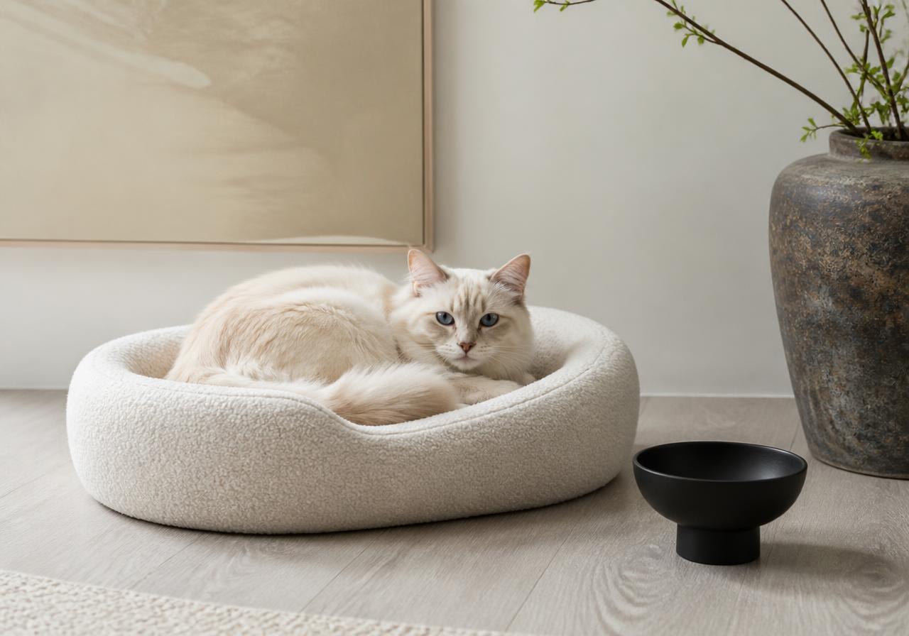 Cream cat curled in a boucle pet bed beside a black ceramic bowl in a minimal interior