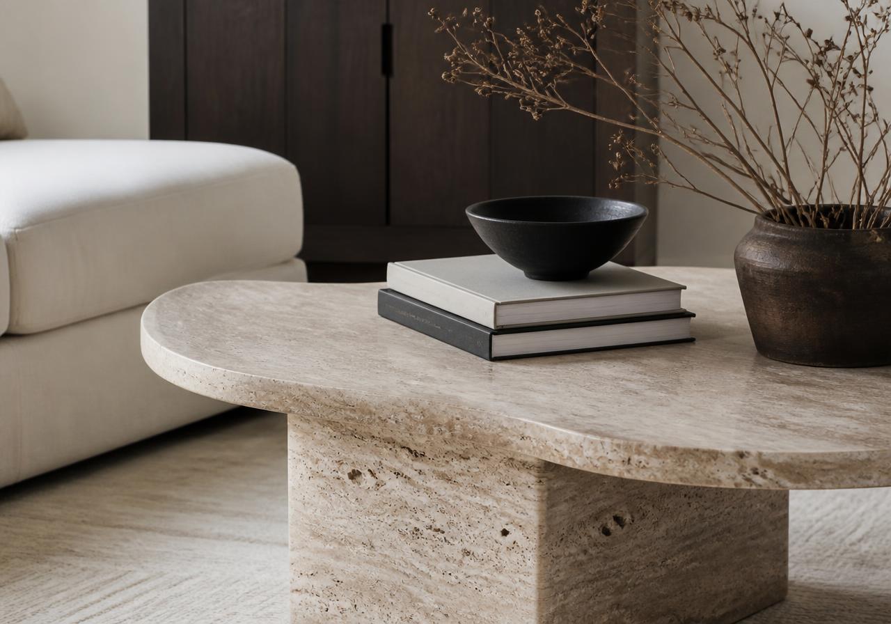 Travertine coffee table styled with art books, a black ceramic bowl and dried branches